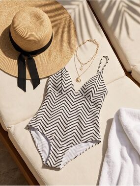 Dark Green almost Black & White Chevron One-Piece Swimsuit
